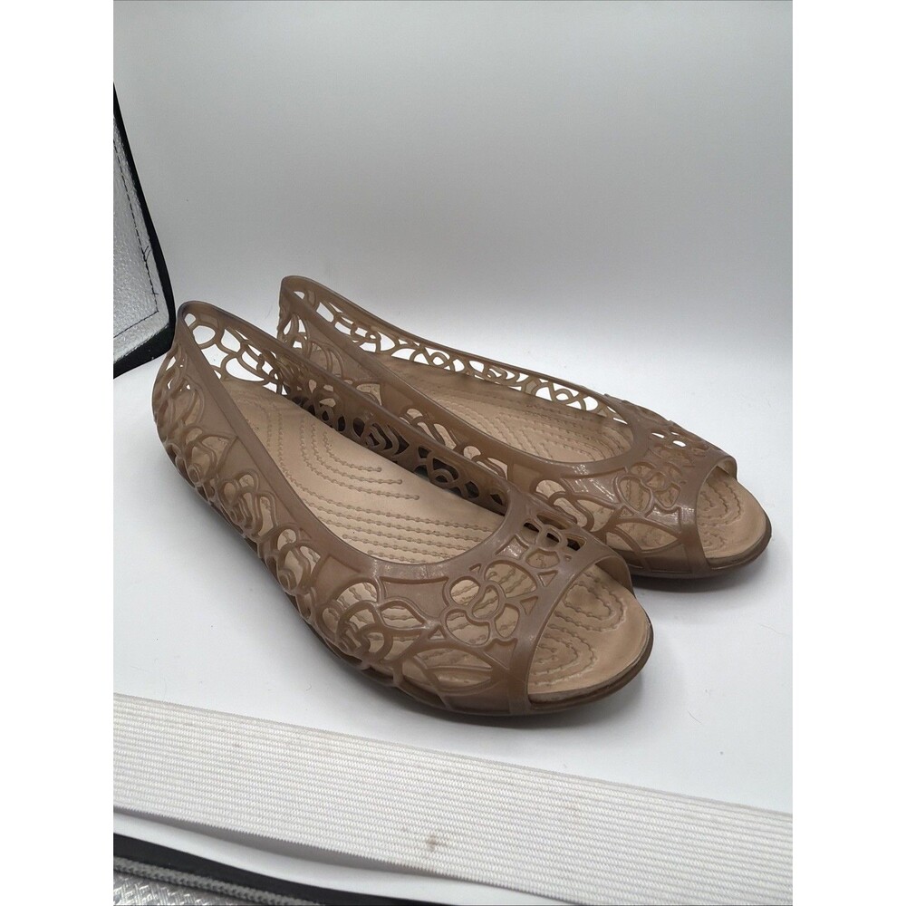 Crocs Isabella Jelly Flat Shoes Womens Size 6 Bronze Brown Cut Out Peep Toe